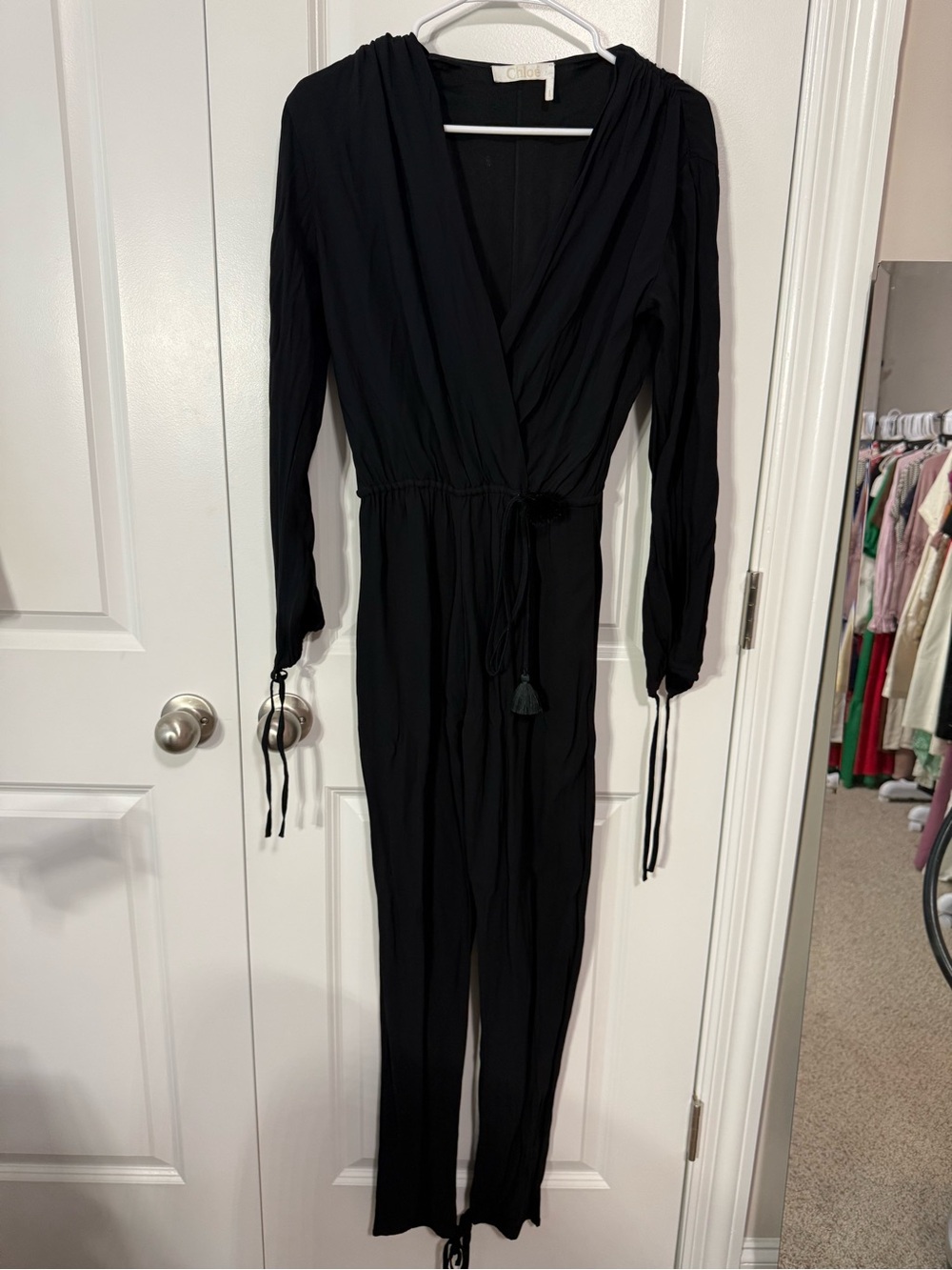 Chloe Black Long-Sleeve Wrap Jumpsuit with Waist Tie